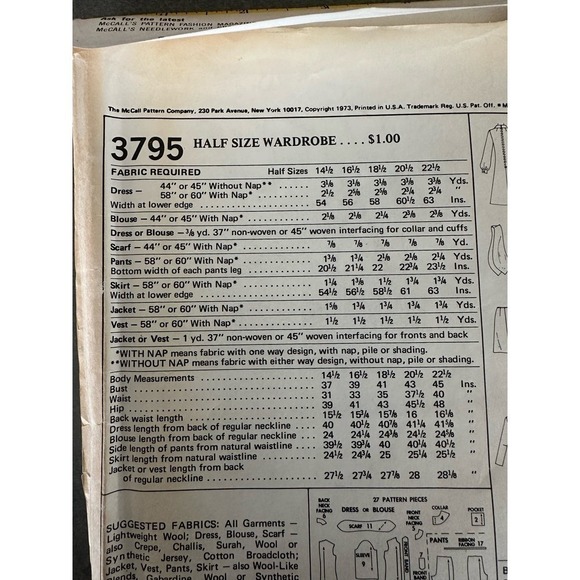 McCalls Vintage Uncut Dress Blouse Scarf Pants Skirt Jacket and Vest Size 14.5 - Picture 4 of 7